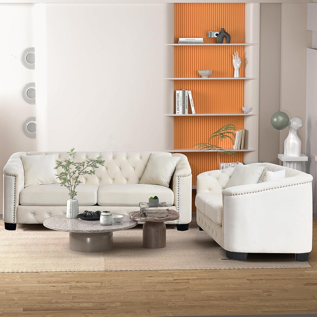 Beige Velvet 3-Seater Sofa with 2 Pillows E481