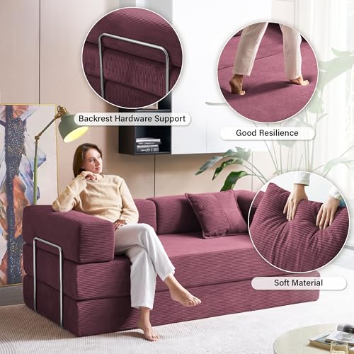 Foldable Sofa Bed, 81'' Folding Floor Couch, Compressed Convertable Sleeper Sofa, Memory Foam Couch with Pillow Back Support Armrest, 4-in-1 Futon Sofa Bed for Living Room, Black G228