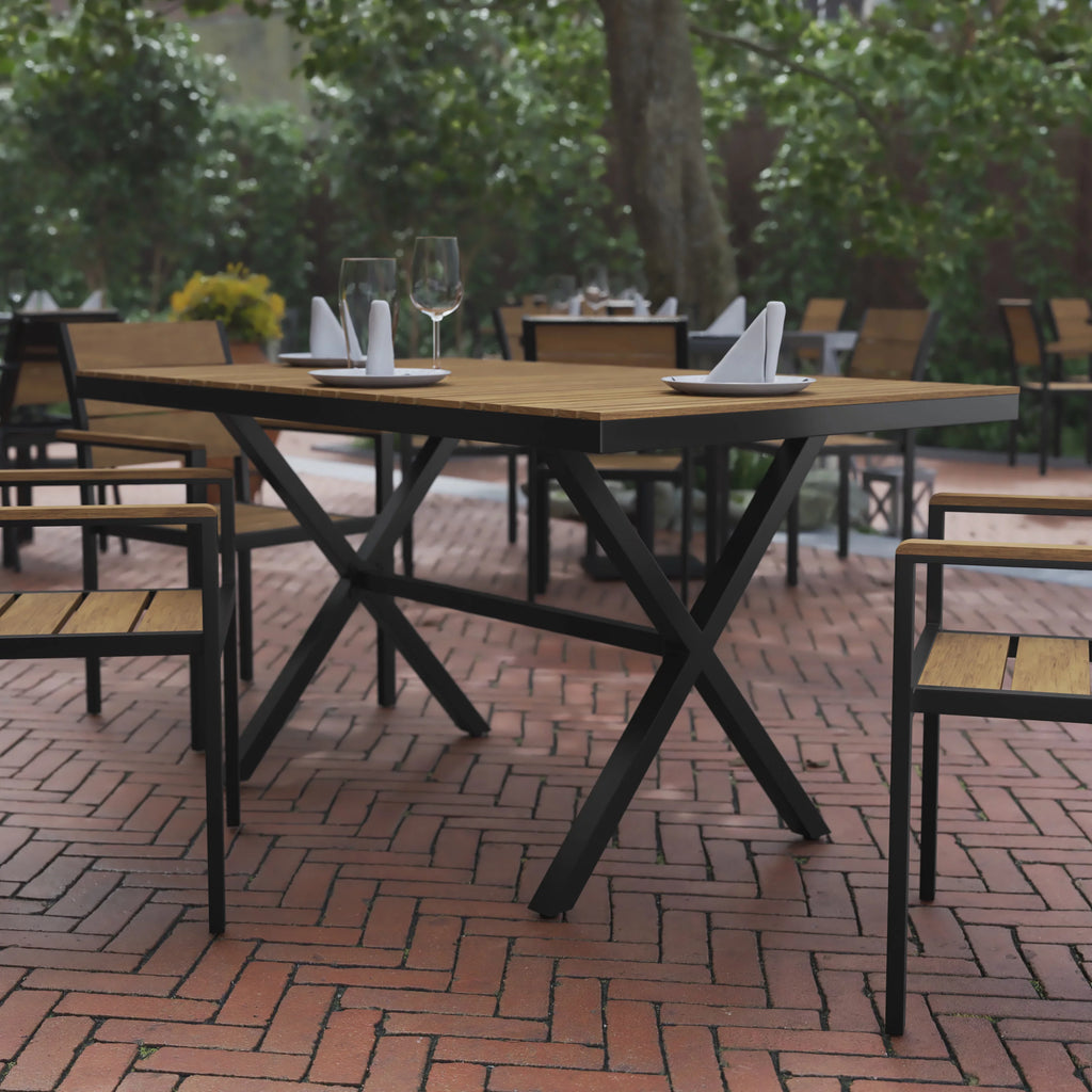 Outdoor Dining Table with Faux Teak Poly Slats and Metal Frame B647