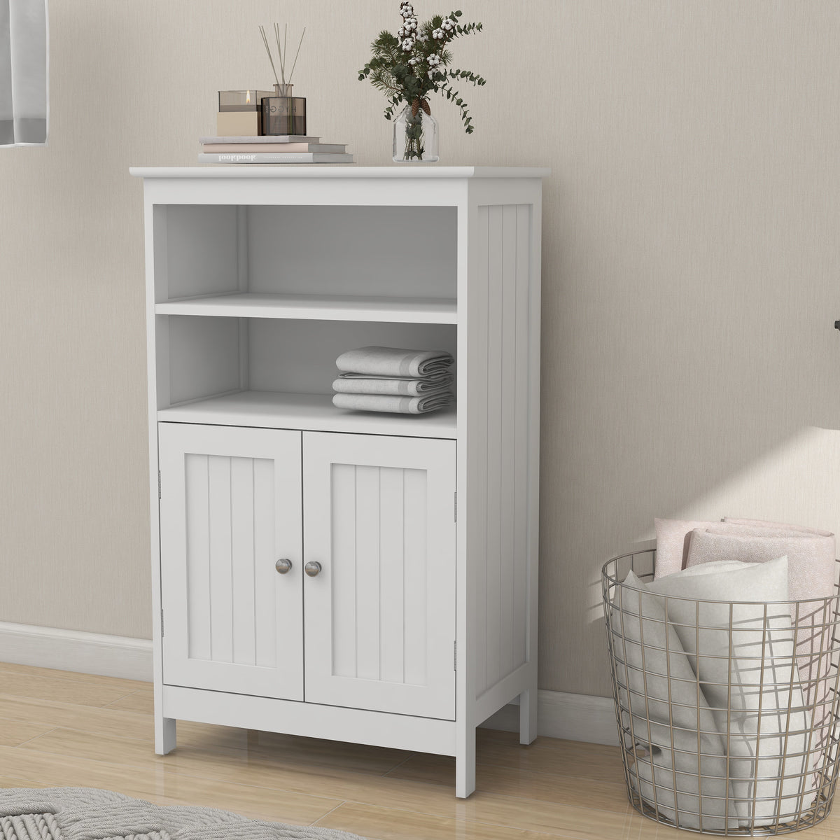 White 2 Door 2 Shelf Wood Bathroom Floor Cabinet M908