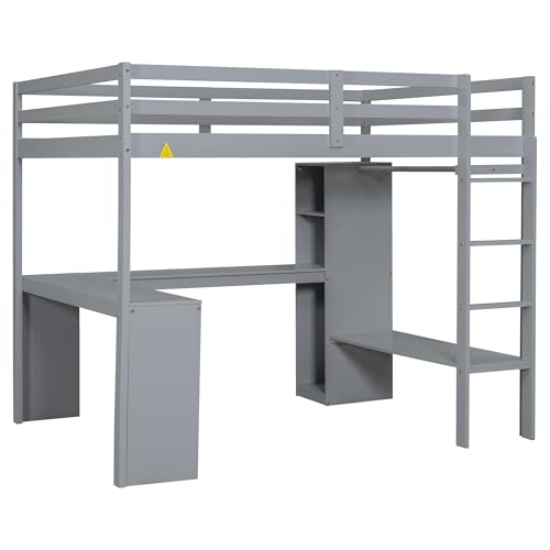 White Full Size Wood Loft Bed with Desk and Wardrobe J817