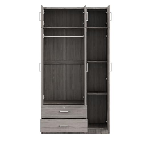 6-Door Wooden Armoire Wardrobe Closet with Mirror, 2 Drawers, 1 Hanging Rod V78798