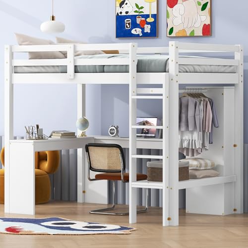 White Full Size Wood Loft Bed with Desk and Wardrobe J817