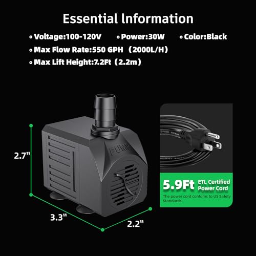 550 GPH 30W Quiet Submersible Water Pump with 3 Nozzles J356
