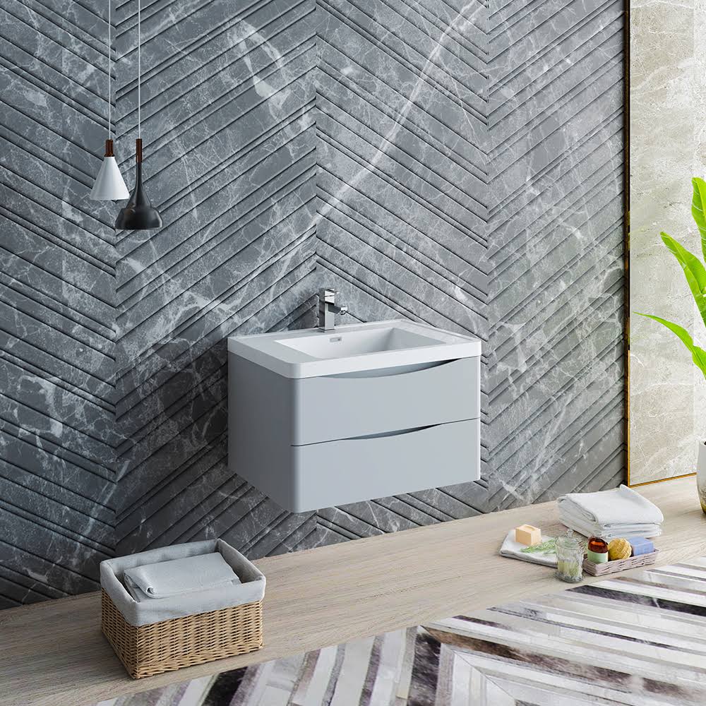 Glossy Gray Wall Hung Bathroom Cabinet with Integrated Sink F580