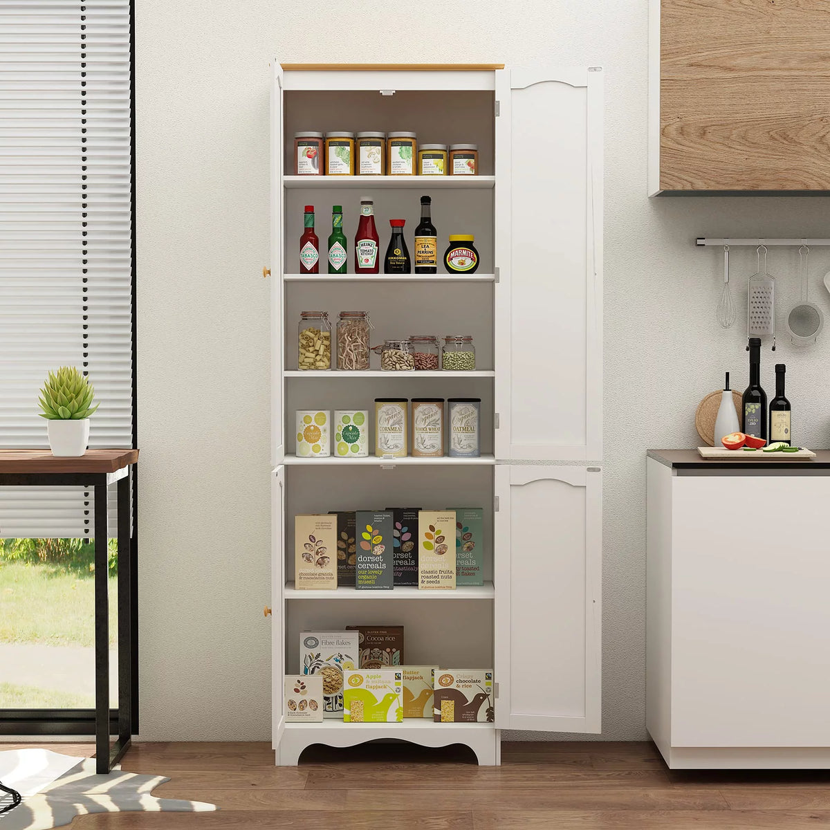 72'' Tall Kitchen Pantry Cabinet with 4 Doors and 2 Adjustable Shelf, White and Honey K659144