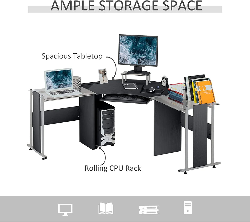 69" L-Shaped Tempered Glass Computer Desk with Monitor Stand S74969