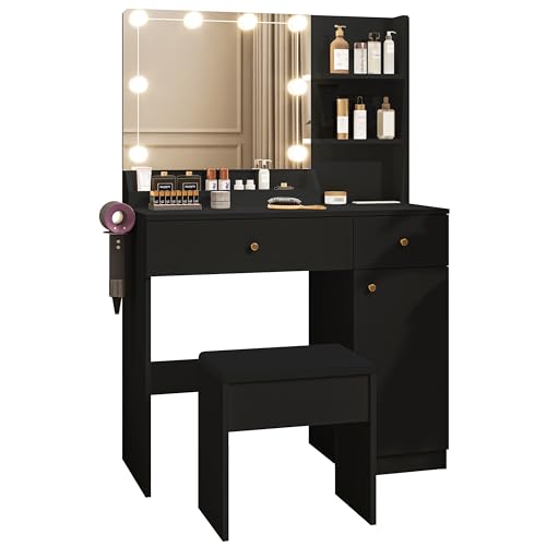 White Vanity Desk with Mirror and Lights Dimmable LED Makeup Table with Drawers Side Cabinet 3 Storage Shelves Power Outlet Dressing Table Set Include Holder Cushioned Stool G489