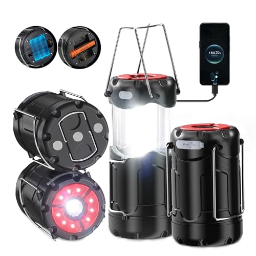 2 Pack Collapsible LED Camping Lantern, USB C Rechargeable Battery Powered Emergency Light with Flashlight and Magnetic Base, Black A9460