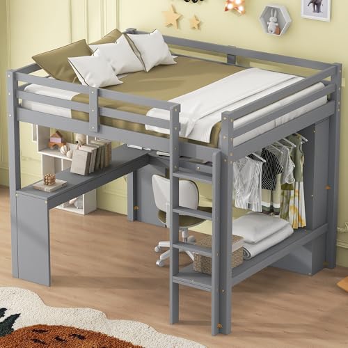 White Full Size Wood Loft Bed with Desk and Wardrobe J817
