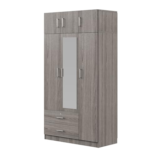 6-Door Wooden Armoire Wardrobe Closet with Mirror, 2 Drawers, 1 Hanging Rod V78798