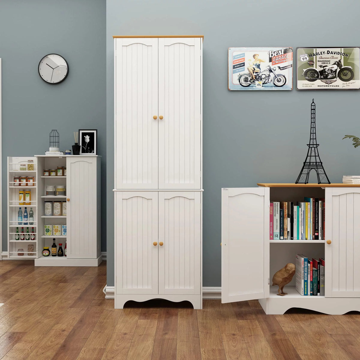 72'' Tall Kitchen Pantry Cabinet with 4 Doors and 2 Adjustable Shelf, White and Honey K659144