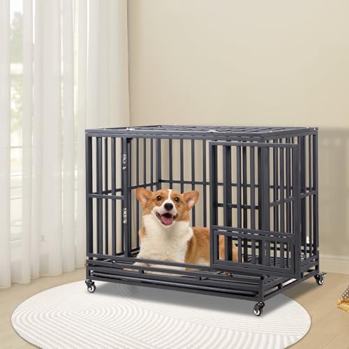 42" Large Metal Wire Dog Crate with Lockable Wheels, Double Door H4309