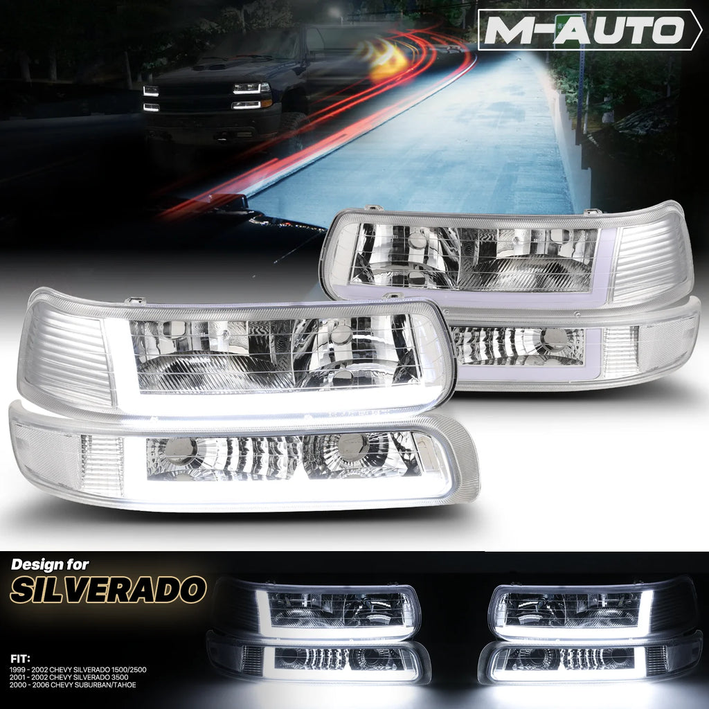 Headlights Assembly with LED Tube DRL for Chevy Silverado Suburban Tahoe Truck U36754