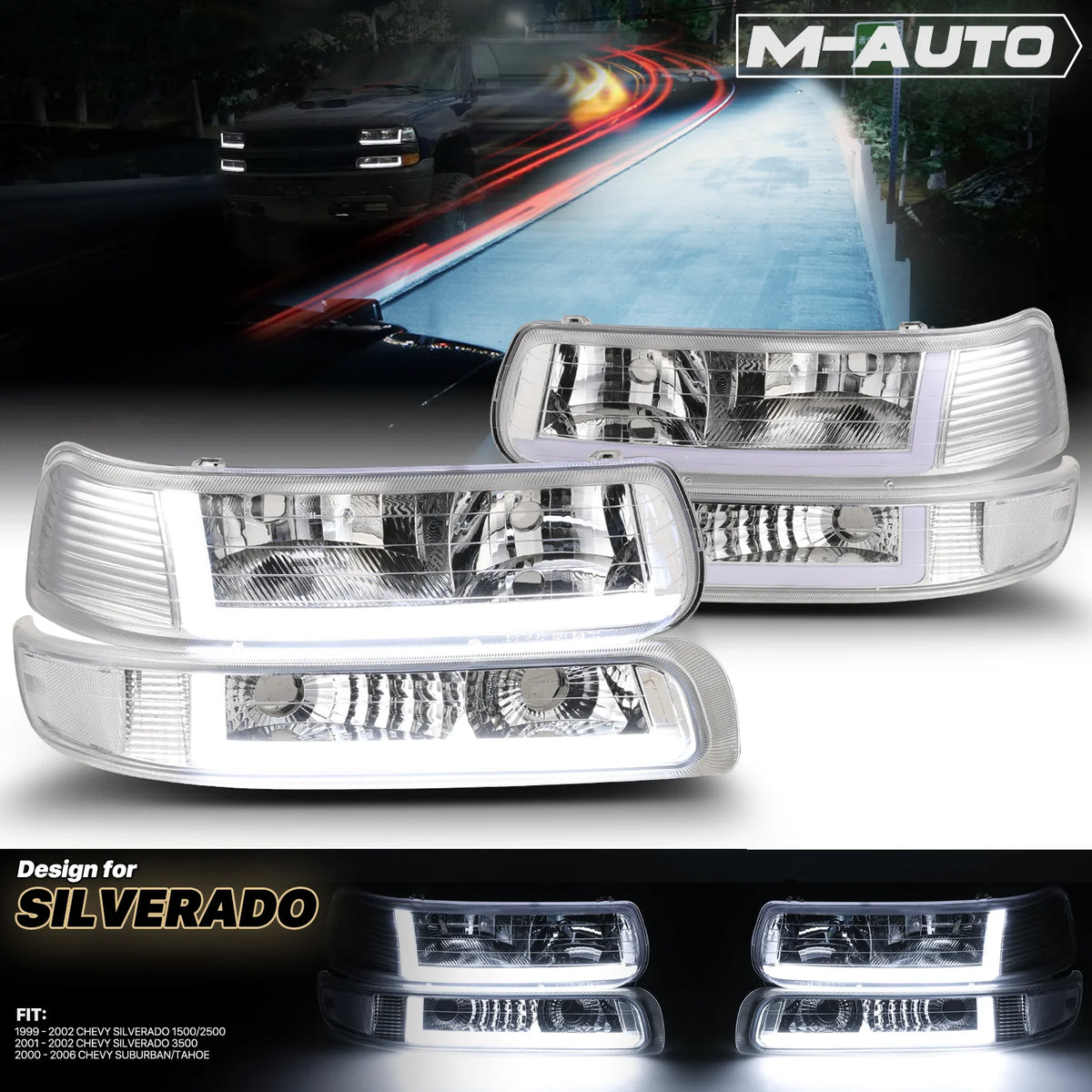 Headlights Assembly with LED Tube DRL for Chevy Silverado Suburban Tahoe Truck U36754