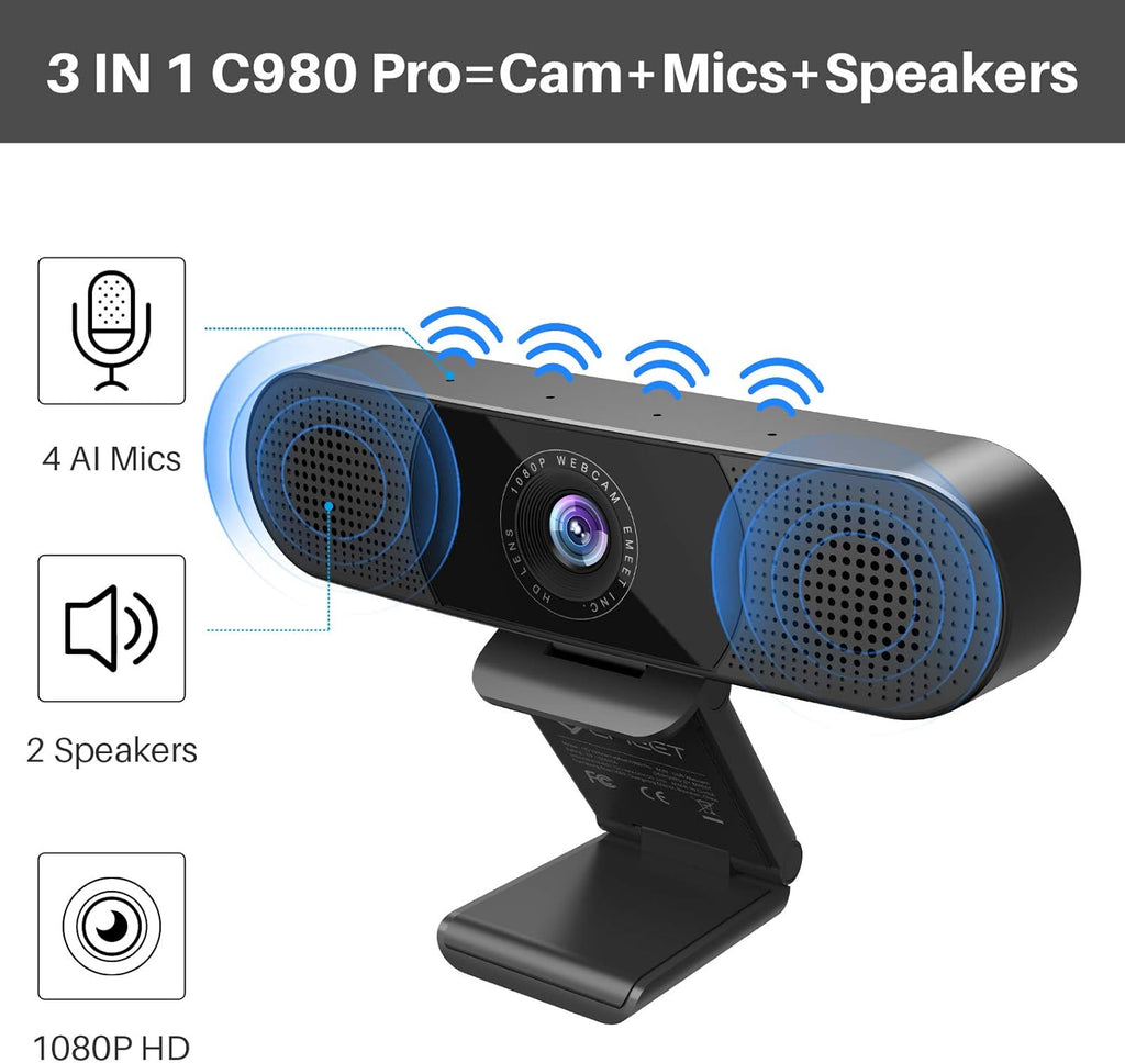 3 in 1 Webcam with Microphone, 2 Speakers, 4 Built-in Omnidirectional Microphone Arrays, 1080P E956
