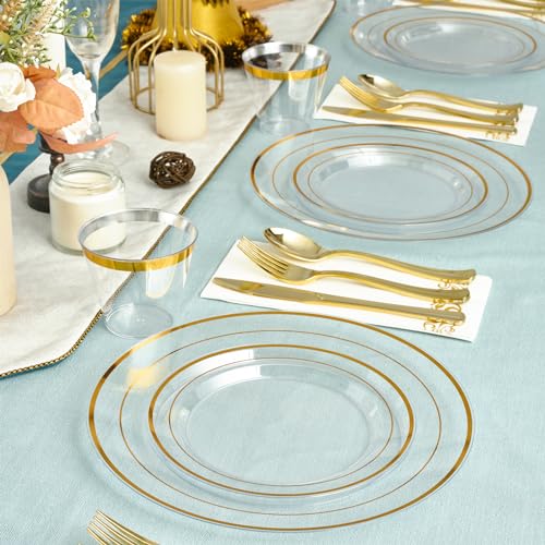 Clear 350 Count Plastic Dinnerware Set with Gold Rim Y36159