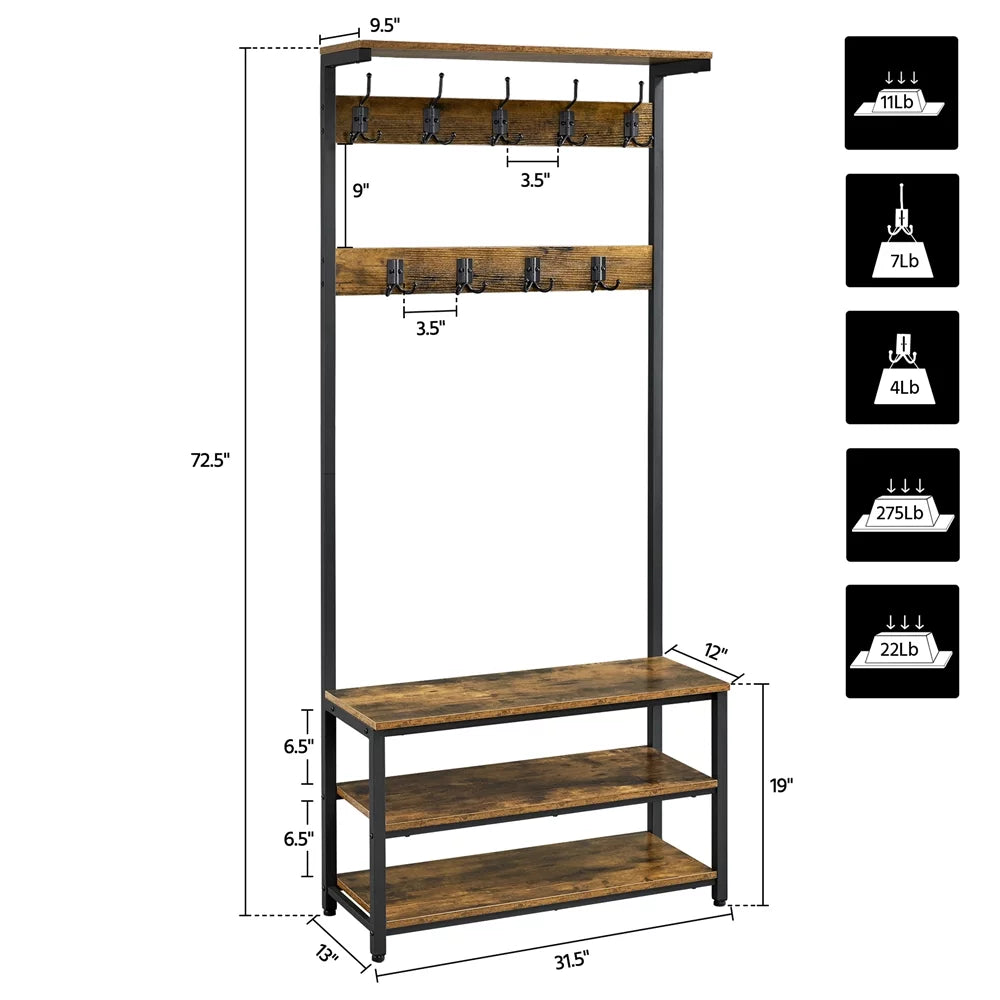 Industrial Entryway Hall Tree with Bench and Shoe Storage T3158