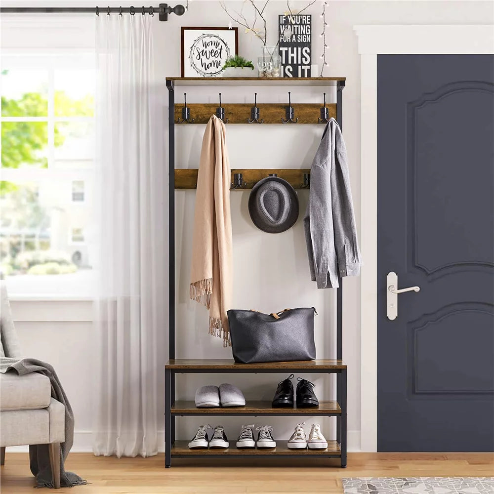Industrial Entryway Hall Tree with Bench and Shoe Storage T3158