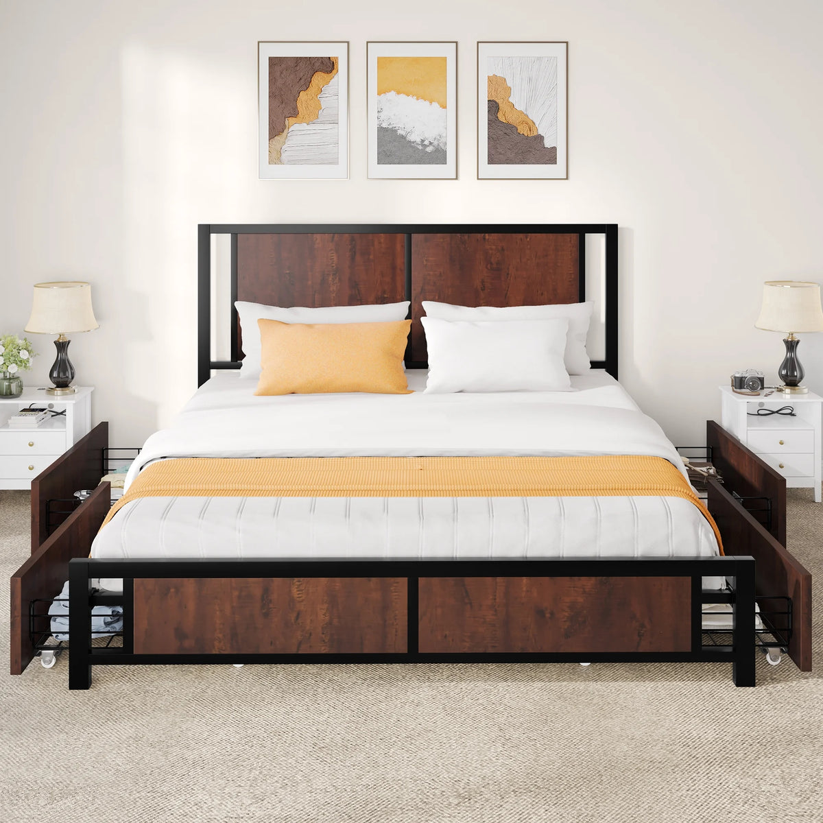 Queen Size Metal Platform Bed Frame with 4 Drawers O682