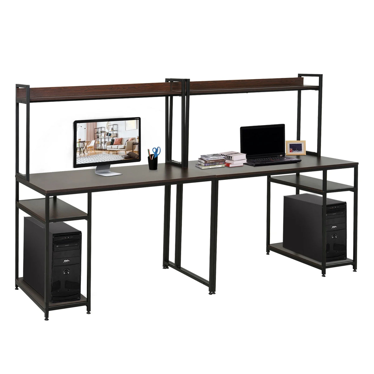 94.5in Industrial Double Computer Desk with Hutch and Storage Shelves P9484