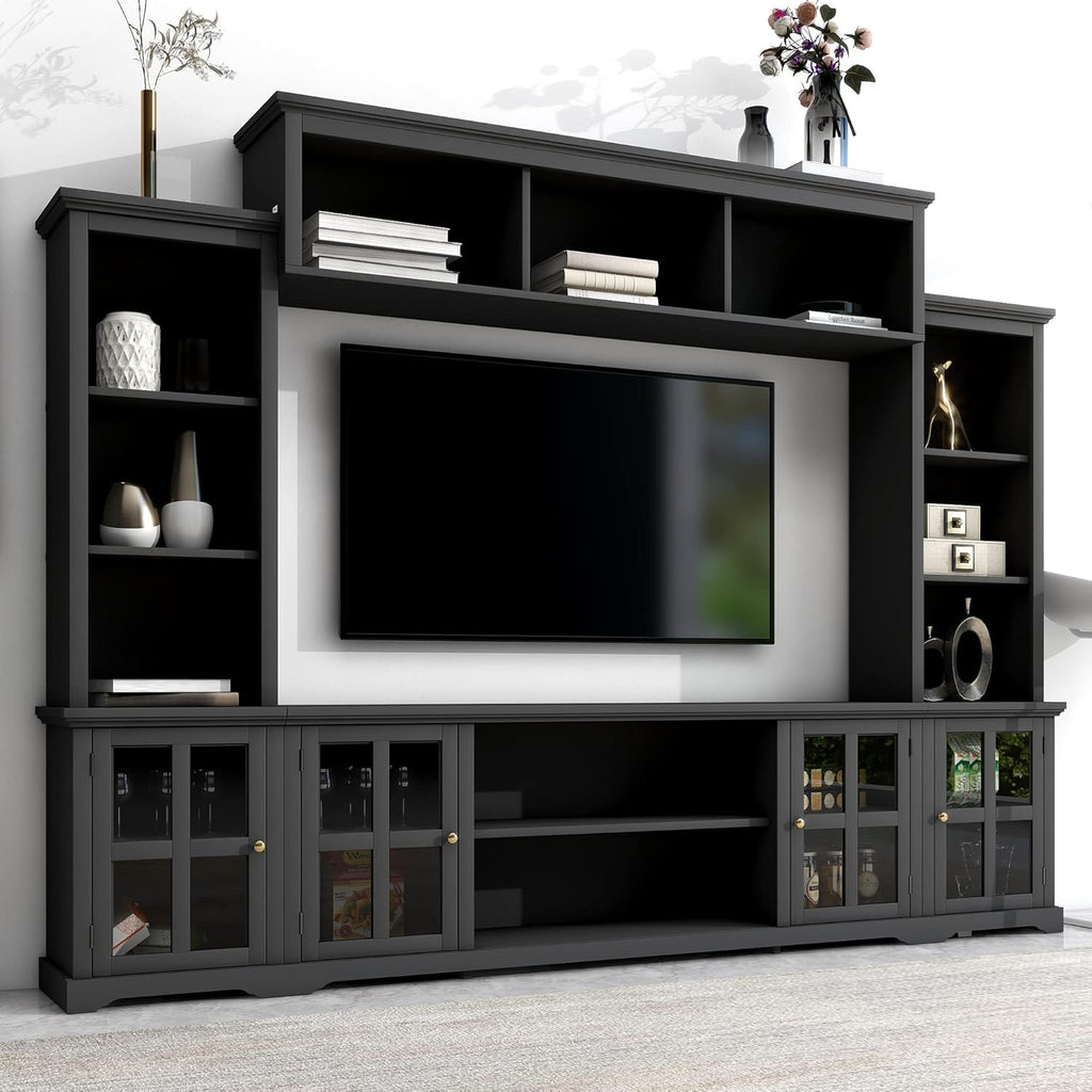 Black Entertainment Wall Unit with Glass Doors & Shelves E737183