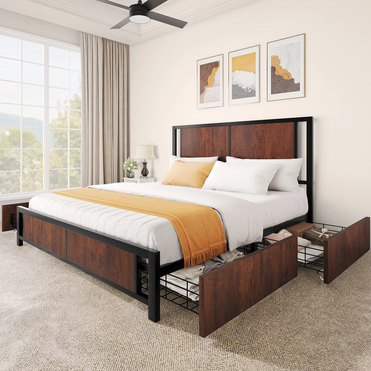 Queen Size Metal Platform Bed Frame with 4 Drawers O682