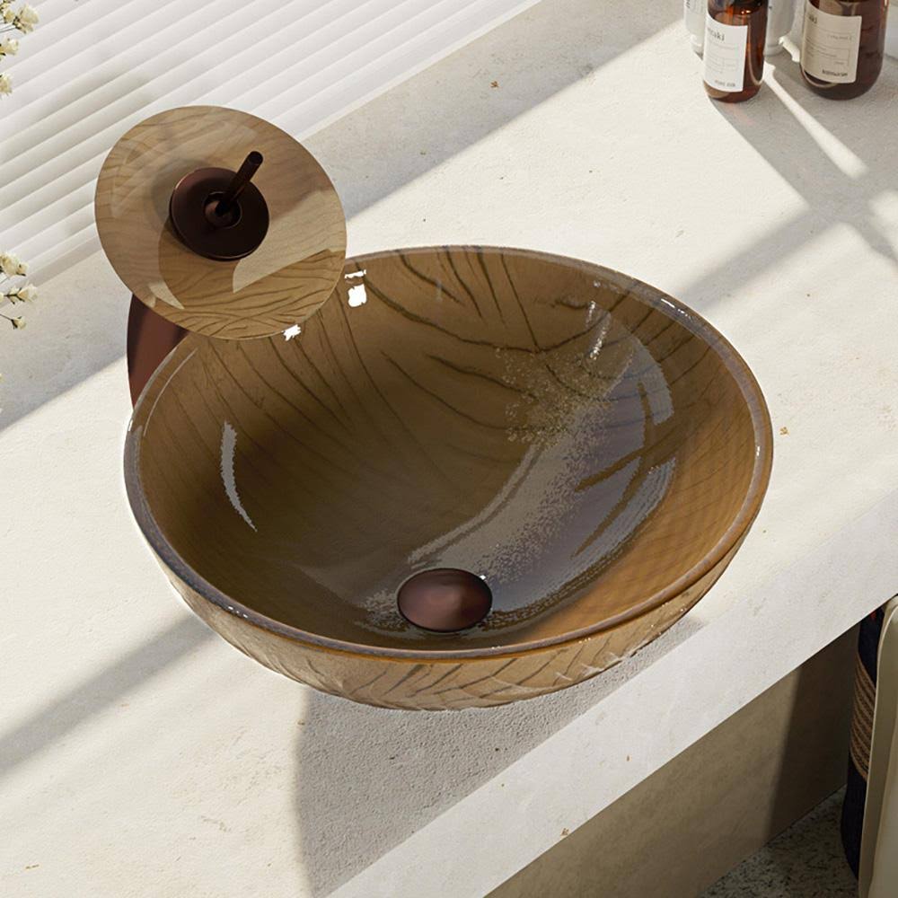Beach Sand Glass Vessel Bathroom Sink with Oil Rubbed Bronze Waterfall Faucet K60959