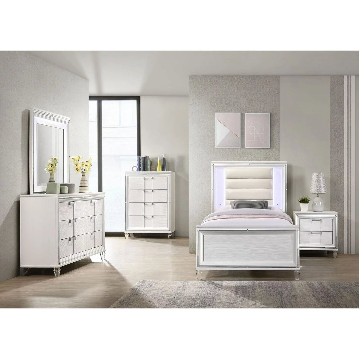 White Twin Platform 5PC Bedroom Set V17749