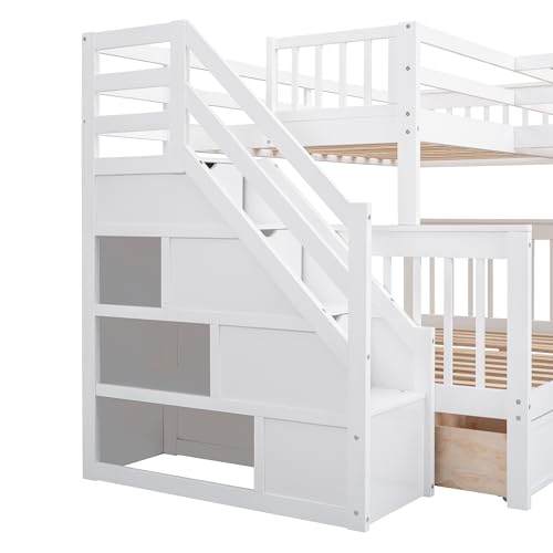 Espresso Wood Twin-Over-Full Triple Bunk Beds with Stairs, Desk, Wardrobe, Storage, Shelves and Drawers R891