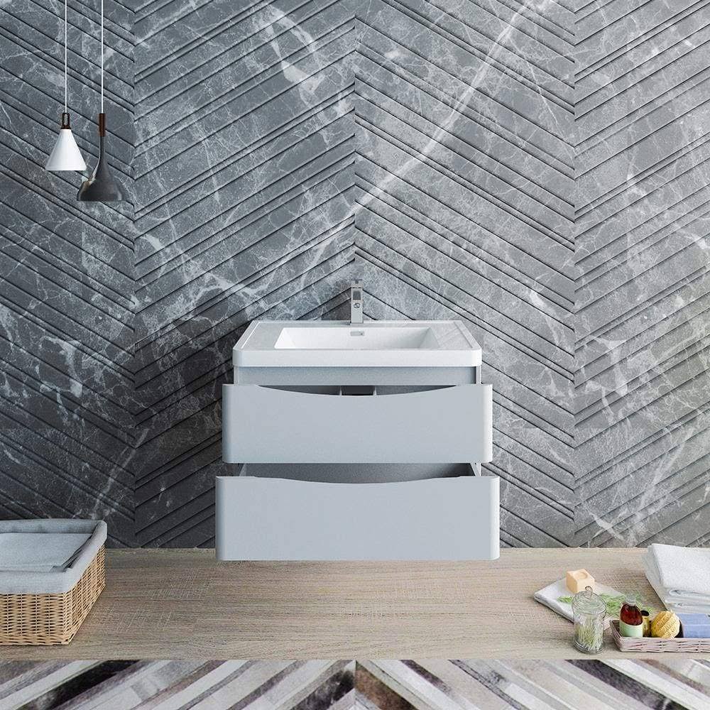 Glossy Gray Wall Hung Bathroom Cabinet with Integrated Sink F580