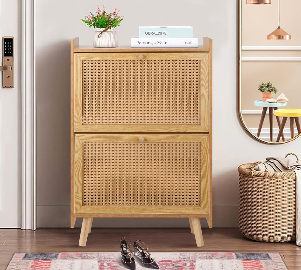 Brown Wooden Shoe Storage Cabinet with 2 Flip Drawers Rattan L738016