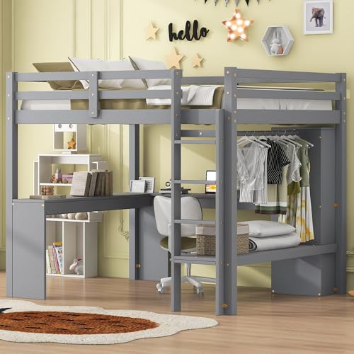 White Full Size Wood Loft Bed with Desk and Wardrobe J817