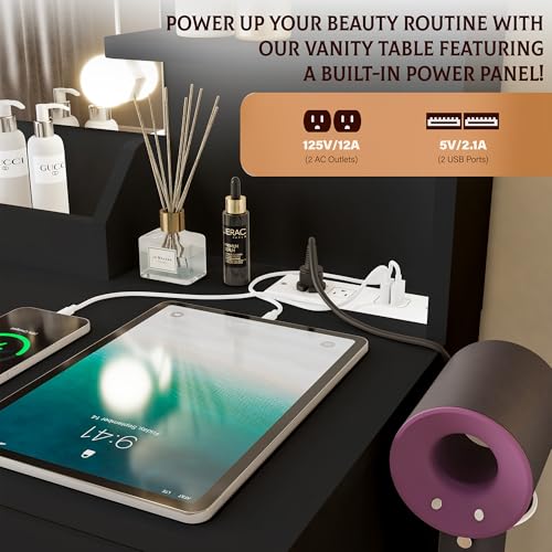 White Vanity Desk with Mirror and Lights Dimmable LED Makeup Table with Drawers Side Cabinet 3 Storage Shelves Power Outlet Dressing Table Set Include Holder Cushioned Stool G489