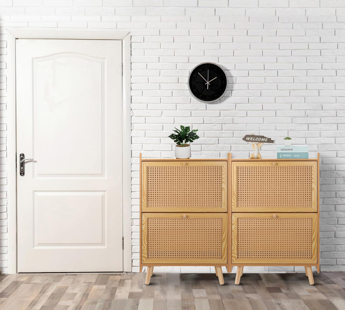 Brown Wooden Shoe Storage Cabinet with 2 Flip Drawers Rattan L738016