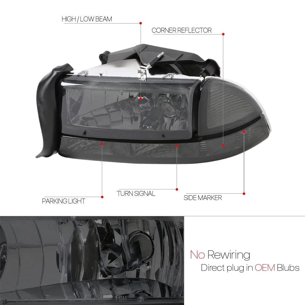 Smoke Tinted Headlight Clear Signal Reflector for Dodge Dakota/Durango O24828