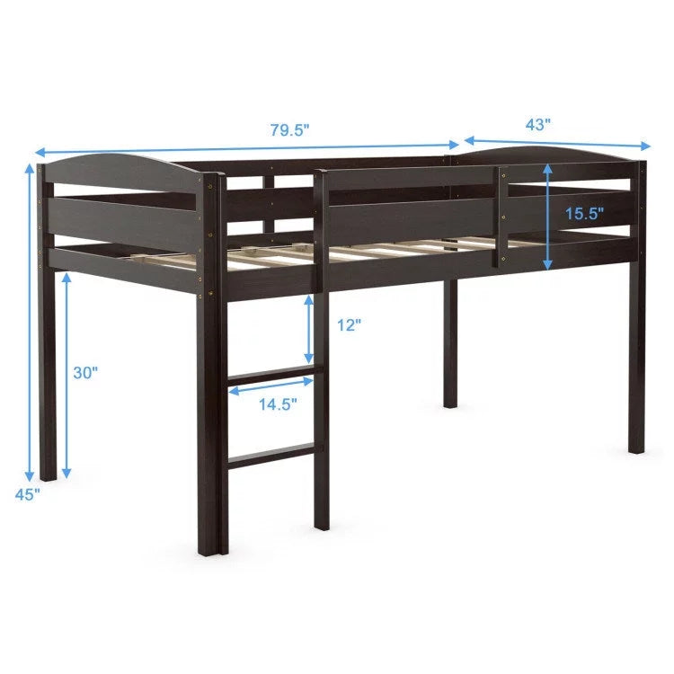 Twin Wooden Low Loft Bunk Bed with Guard Rail and Ladder B646