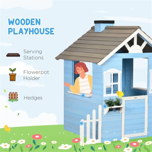 Wooden Playhouse with Bench, Door, 2 Windows, Shelf & Flowerpot Holder N778