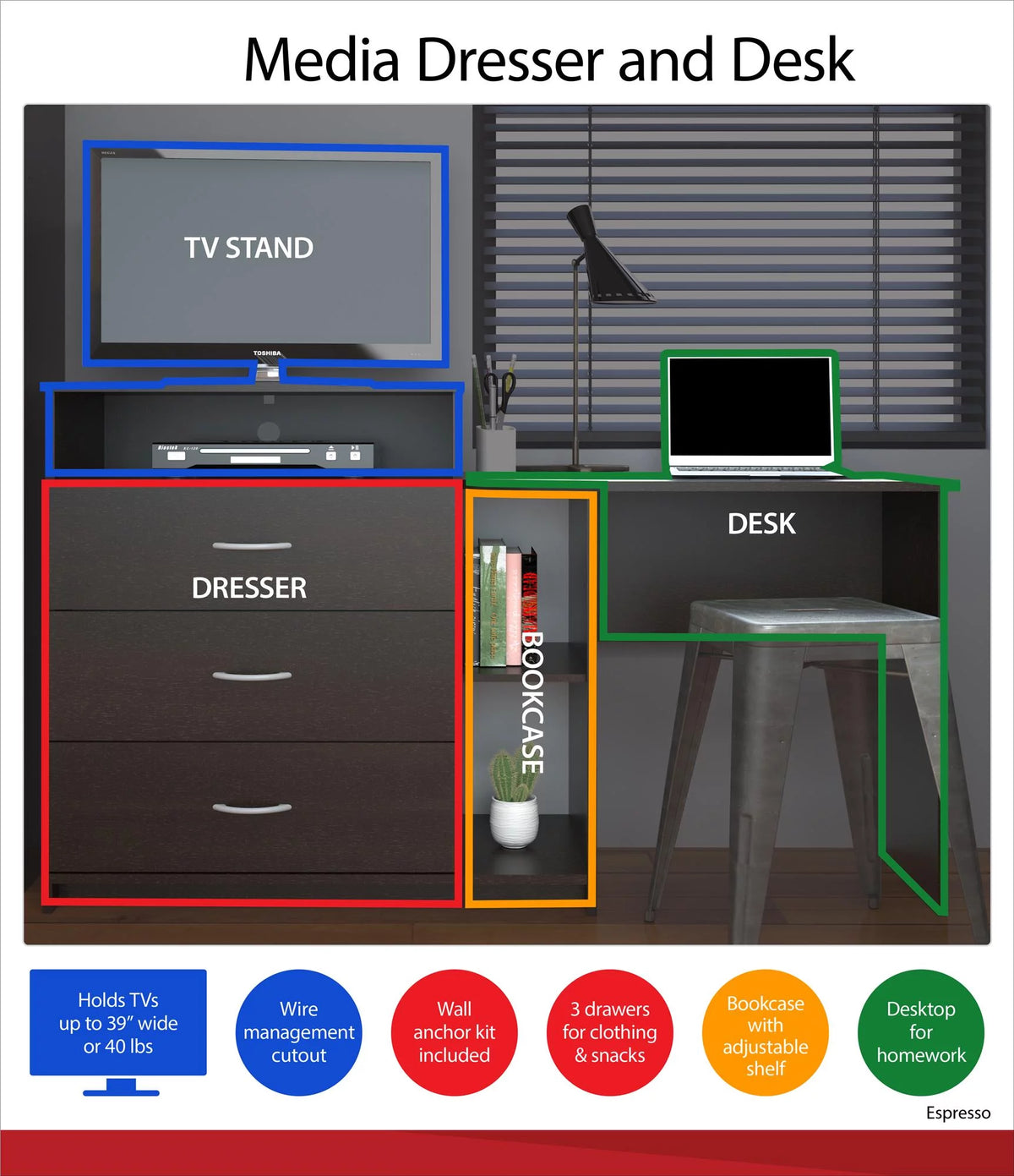 Espresso 3 in 1 Media Dresser and Desk Combo H391567