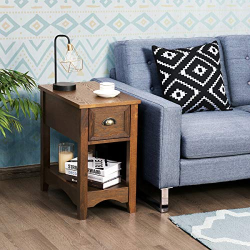 Retro Narrow End Table with Drawer and Storage Shelf (Walnut) N561048