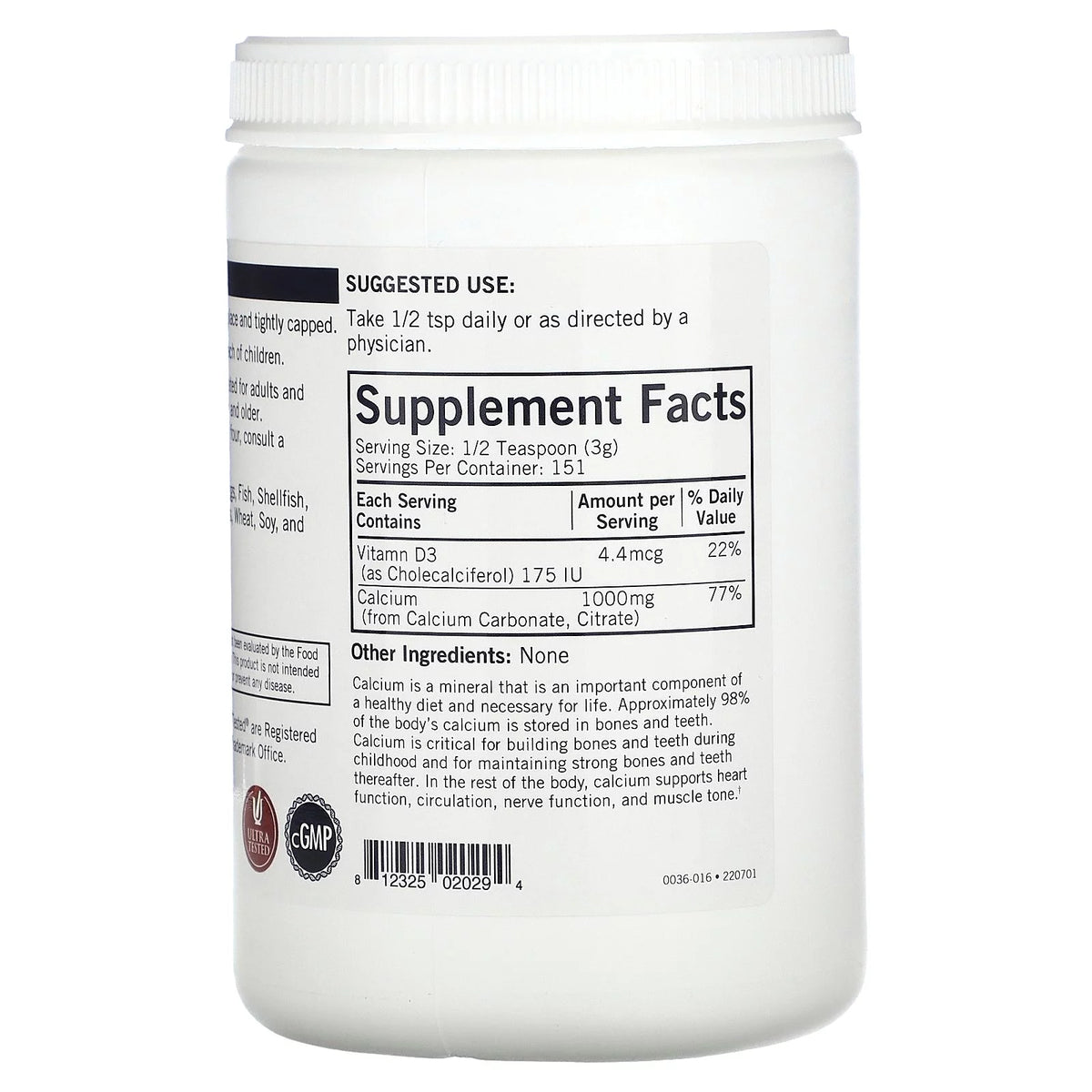 Calcium Powder Plus Vitamin D-3, Unflavored, 16 oz O357246
