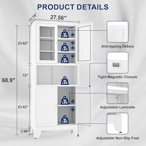 Tall White Metal Storage Cabinet with 3 Adjustable Shelves and 2 Doors B4890