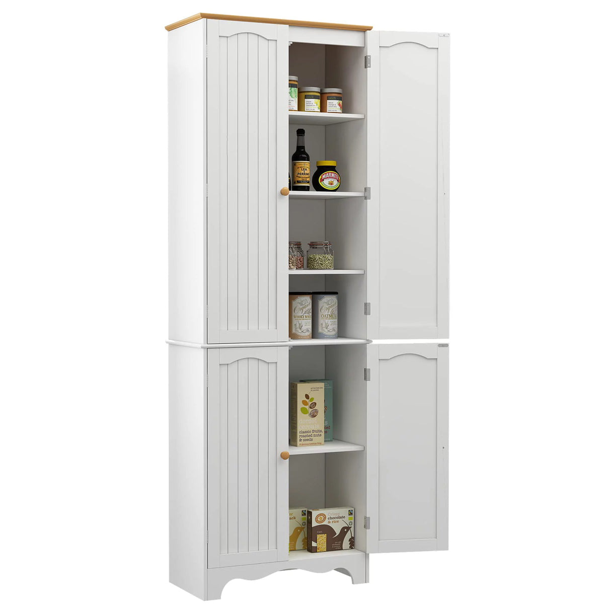 72'' Tall Kitchen Pantry Cabinet with 4 Doors and 2 Adjustable Shelf, White and Honey K659144