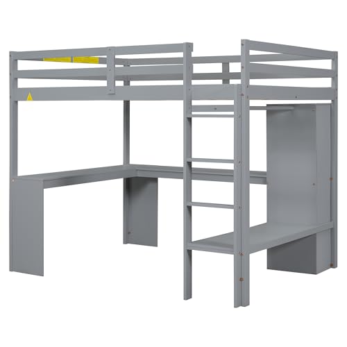 White Full Size Wood Loft Bed with Desk and Wardrobe J817