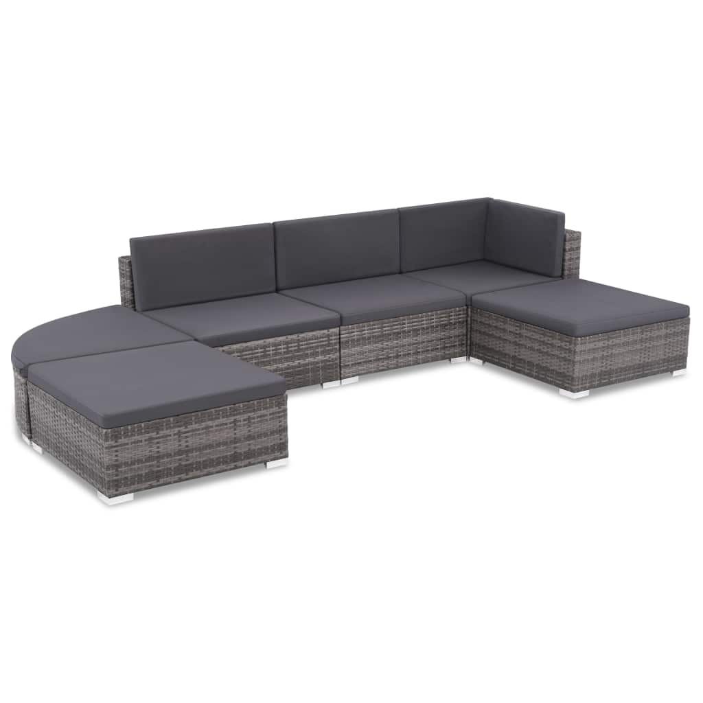 Set of 6 Poly Rattan Patio Sectional Corner Sofa with 2 Ottoman and Cushions Gray M945197