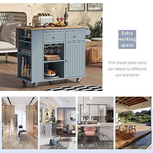 Wood Kitchen Island Cart with Locking Wheels and Wine Rack I65597