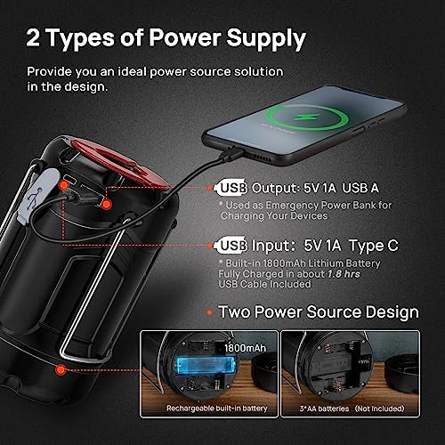 2 Pack Collapsible LED Camping Lantern, USB C Rechargeable Battery Powered Emergency Light with Flashlight and Magnetic Base, Black A9460