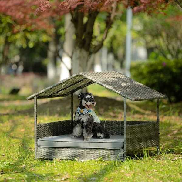 Dark Gray Medium PE Wicker Dog Bed with Canopy Q33511