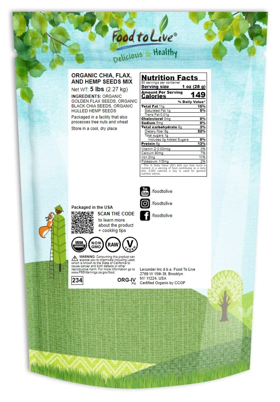 Organic Chia Flax and Hemp Seeds Mix 5 Pounds Non-GMO K151