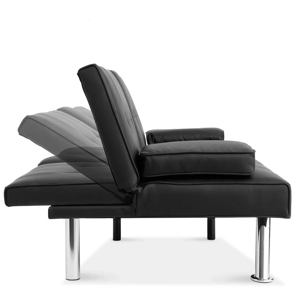 Black Faux Leather Convertible Sofa Futon with 2 Cup Holders G95927